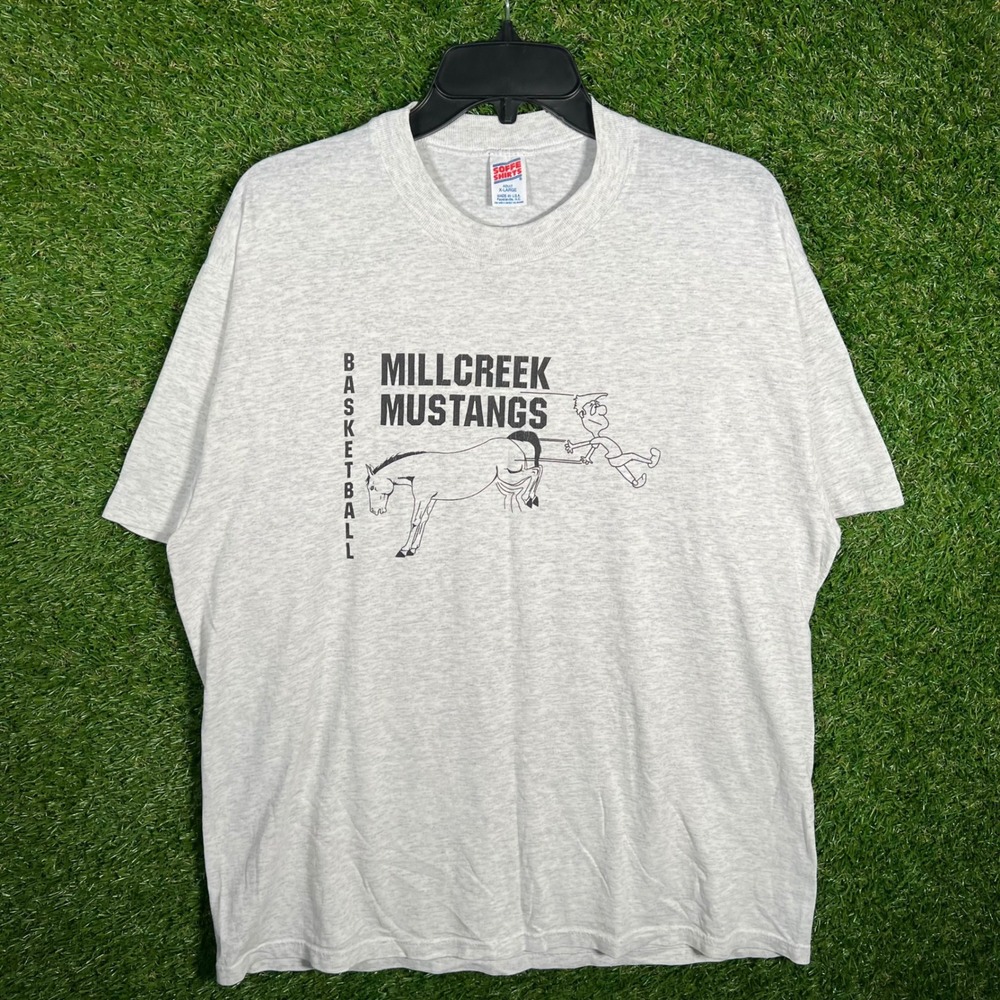 Vintage Soffe Shirts Millcreek Mustangs Basketball T-Shirt XL Gray 90s USA Made